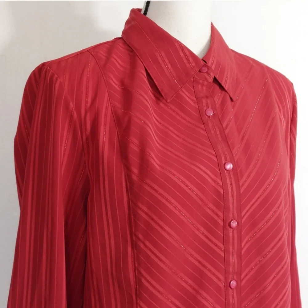 East 5th Red Metallic Diagonal Stripes Button Front Blouse Size XL - Picture 4 of 11